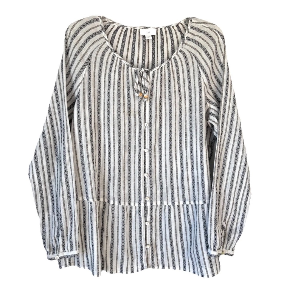 J.Jill Stripped Cotton Peasant Button Up Peplum‎ Hem Top Blouse